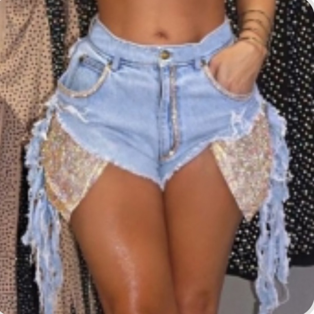 Distressed Shorts w/Gold Sequins Pockets